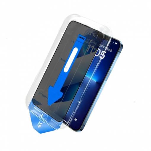 Foto - Zatmavovacie ochranné sklo pre iPhone 12 a 12 Pro s inštalačným rámčekom - Čierne
